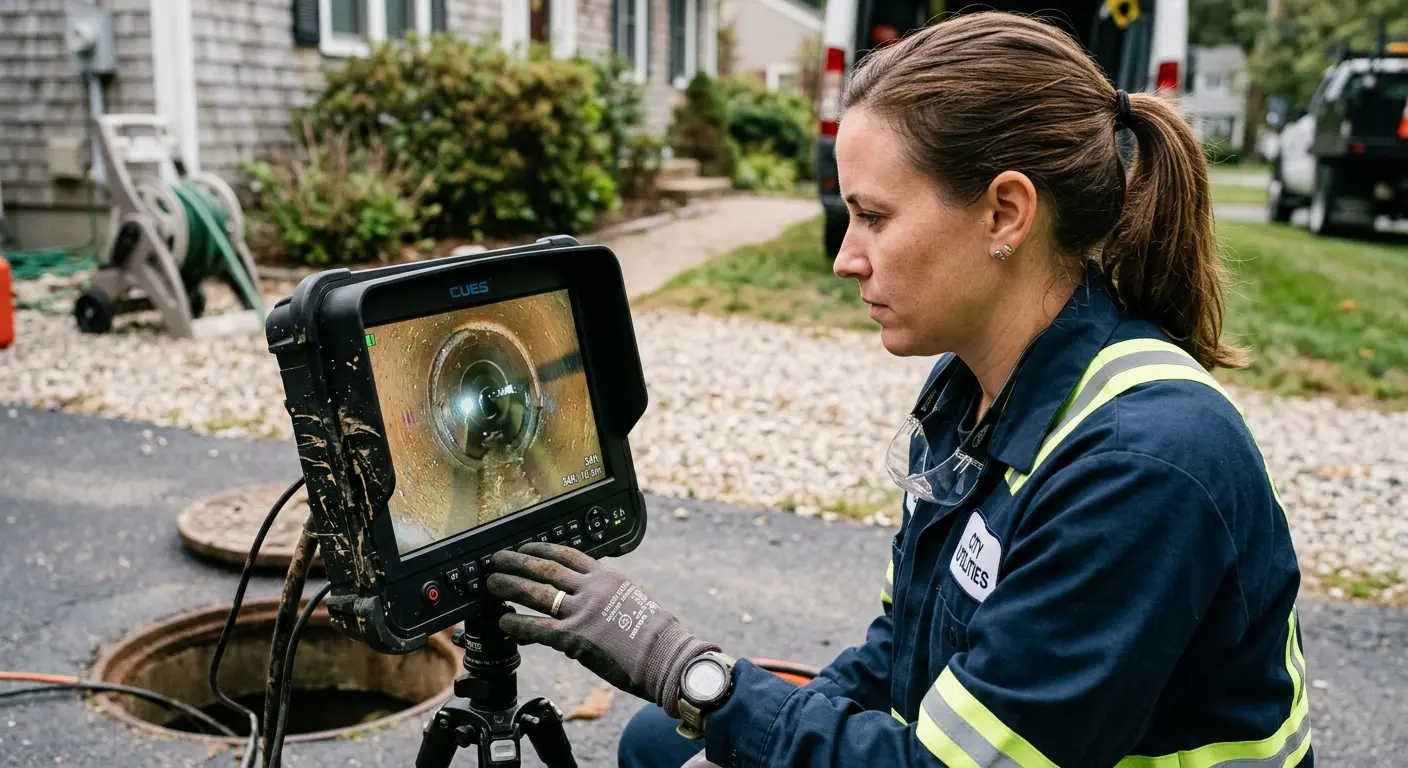 Technician reviewing sewer camera inspection footage in Twin Lakes