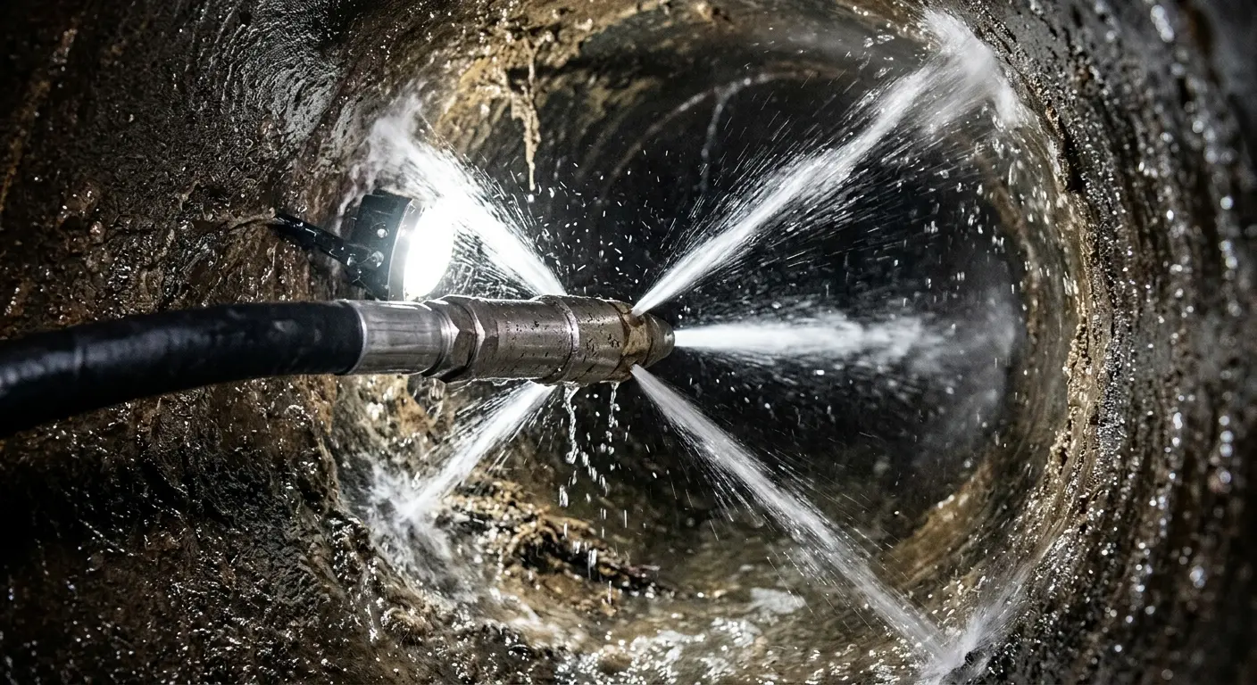 High-pressure hydro jetting nozzle cleaning sewer pipe for Emergency Drain Service in Twin Lakes
